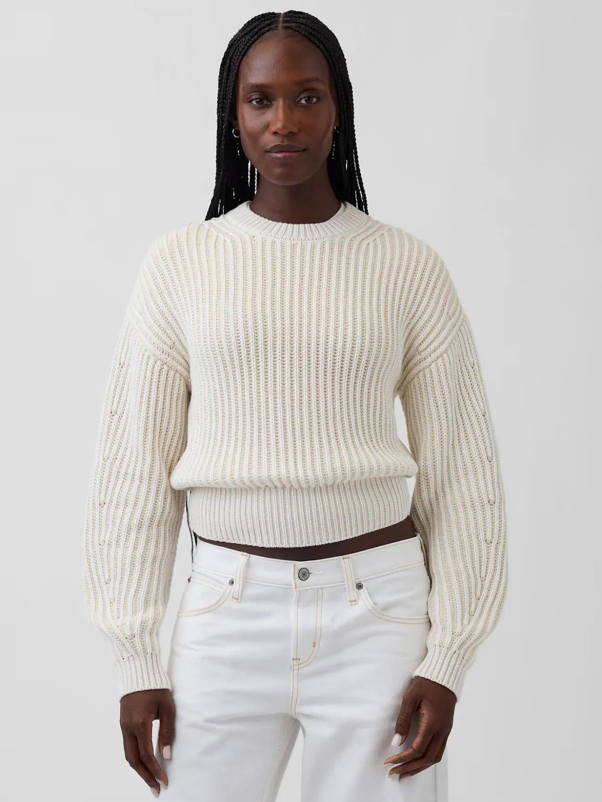 100% Cotton Barrel-Sleeve Crop Sweater