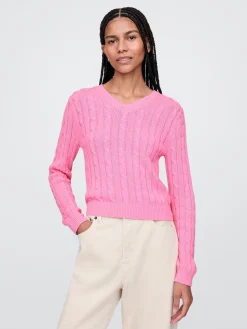100% Cotton Cable-Knit V-Neck Sweater