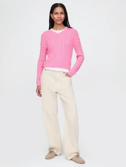 100% Cotton Cable-Knit V-Neck Sweater