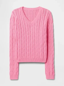 100% Cotton Cable-Knit V-Neck Sweater