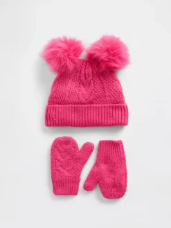 Baby & Toddler Cable-Knit Pom Beanie & Mittens Set