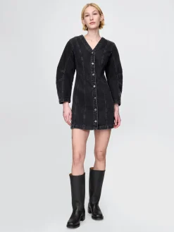 Barrel-Sleeve Denim Mini Dress