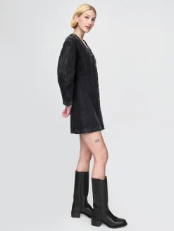 Barrel-Sleeve Denim Mini Dress