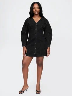 Barrel-Sleeve Denim Mini Dress