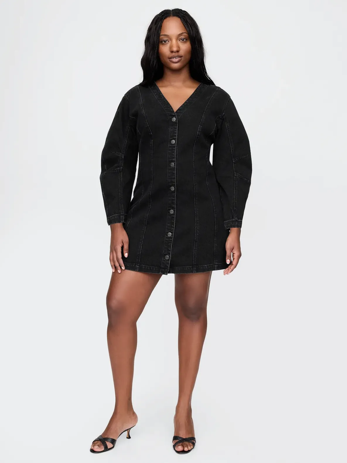 Barrel-Sleeve Denim Mini Dress