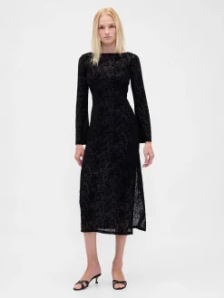 Burnout Velvet Bell-Sleeve Midi Dress