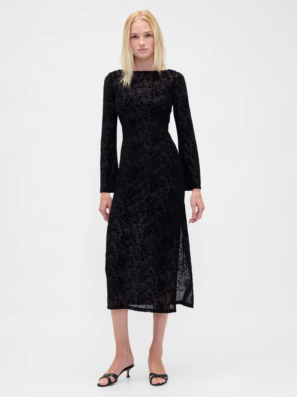 Burnout Velvet Bell-Sleeve Midi Dress