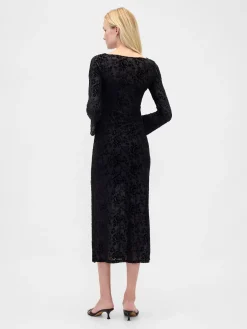 Burnout Velvet Bell-Sleeve Midi Dress