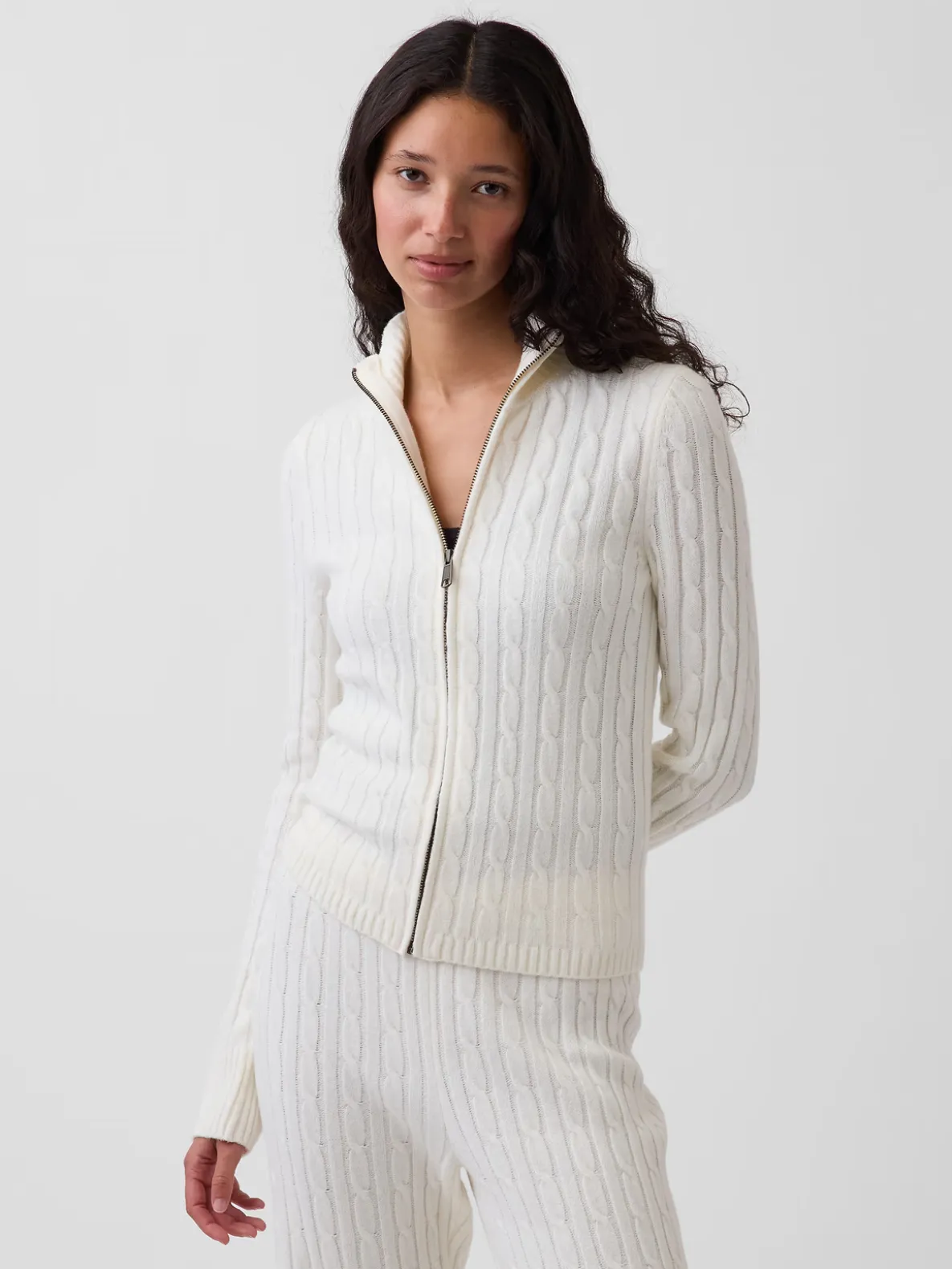 CashSoft Cable-Knit Crop Zip Cardigan