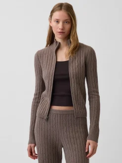 CashSoft Cable-Knit Crop Zip Cardigan