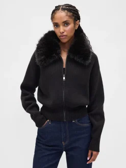 CashSoft Faux-Fur Collar Zip Cardigan Sweater