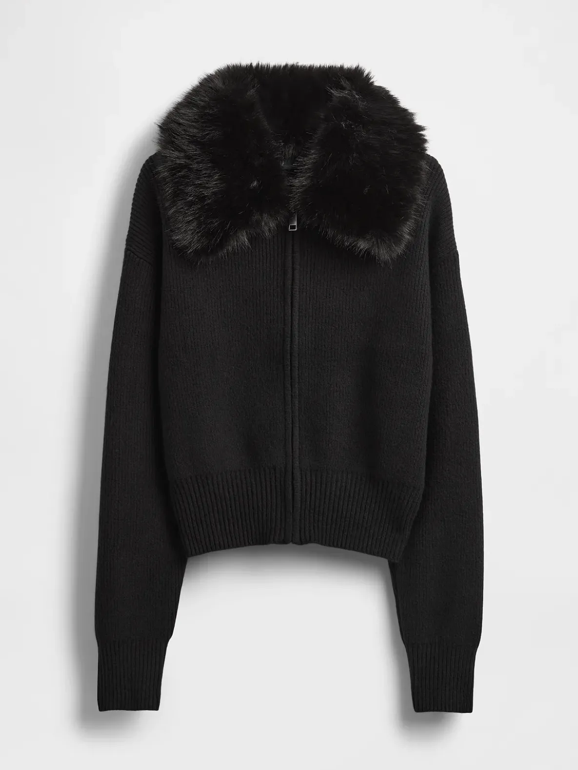 CashSoft Faux-Fur Collar Zip Cardigan Sweater