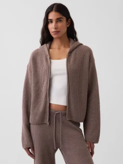 CashSoft Oversized Shaker-Stitch Zip Hoodie