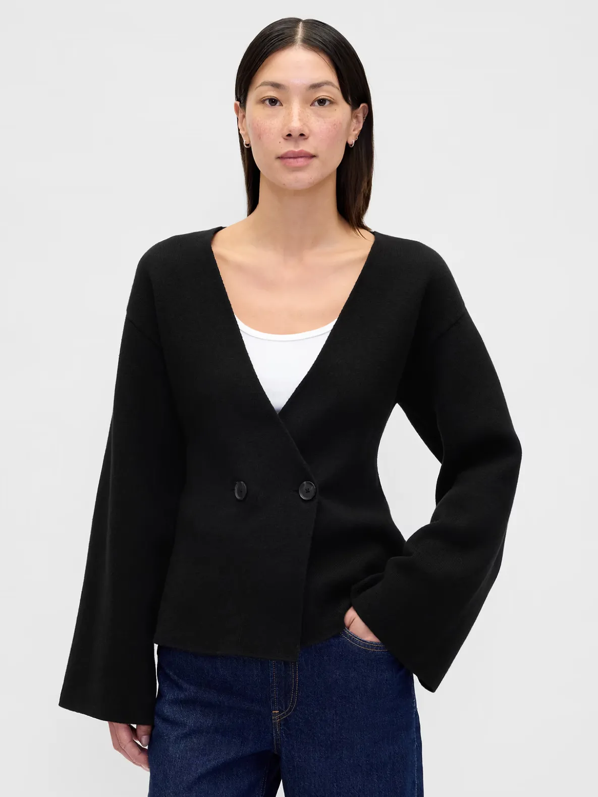 Collarless V-Neck Sweater Blazer