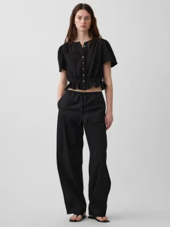 Cotton Gauze Button-Front Crop Peplum Top