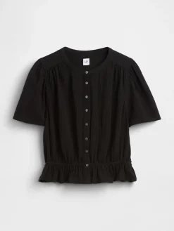 Cotton Gauze Button-Front Crop Peplum Top