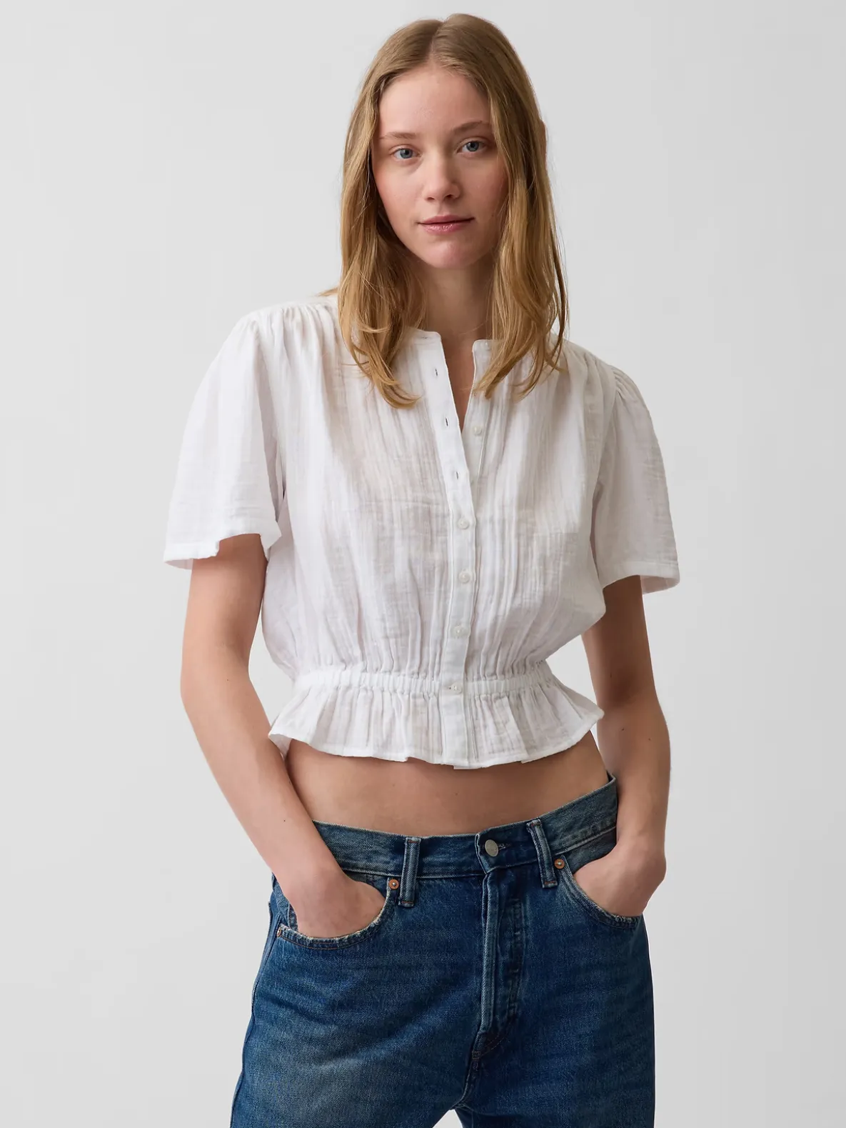 Cotton Gauze Button-Front Crop Peplum Top