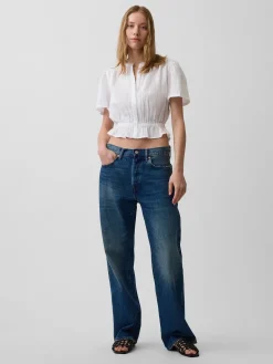 Cotton Gauze Button-Front Crop Peplum Top
