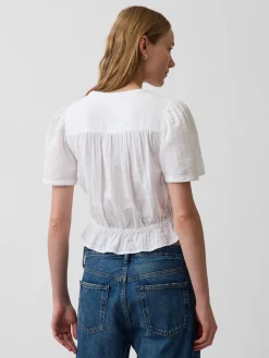Cotton Gauze Button-Front Crop Peplum Top