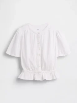 Cotton Gauze Button-Front Crop Peplum Top