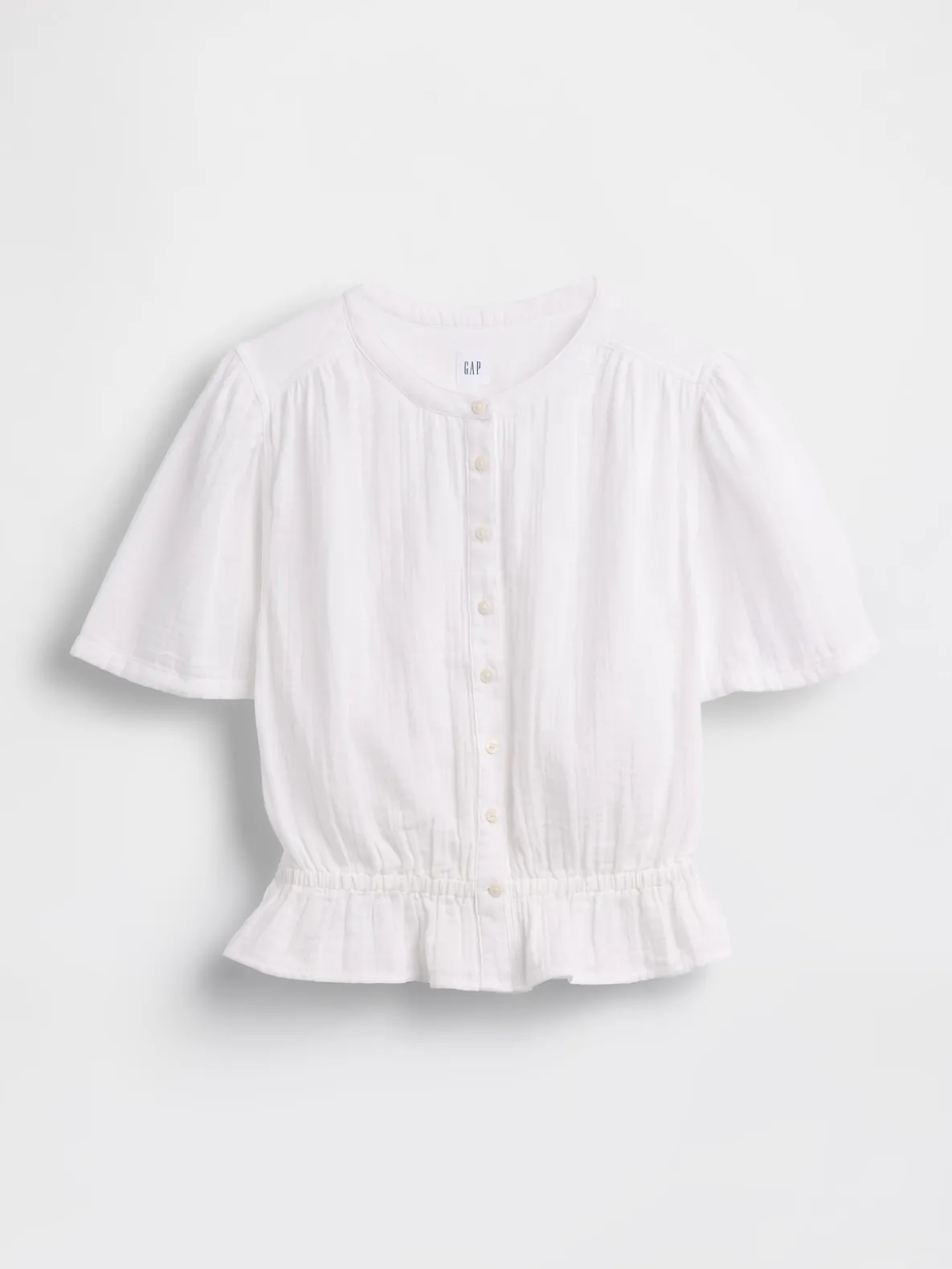 Cotton Gauze Button-Front Crop Peplum Top