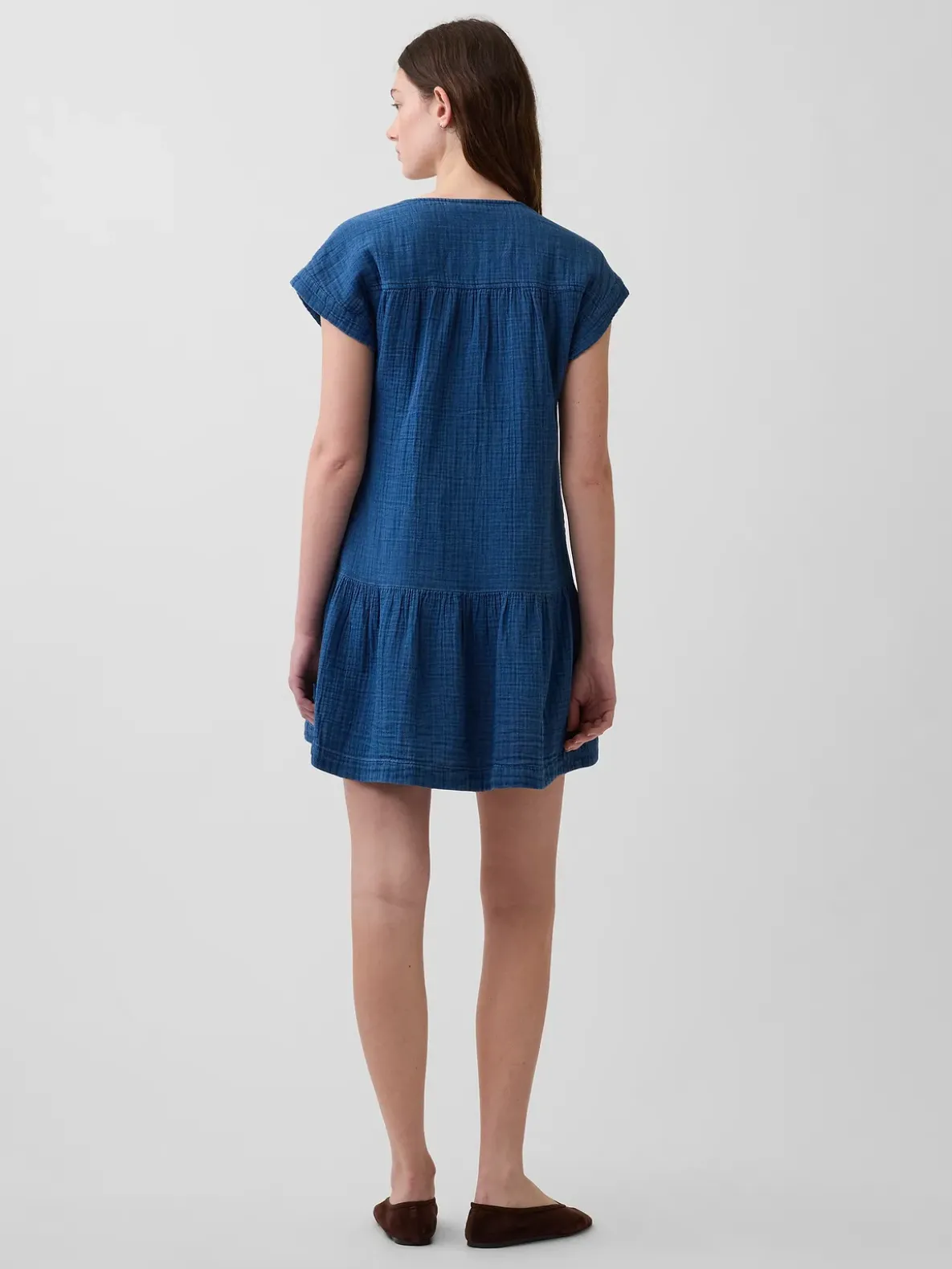 Cotton Gauze Denim Drop-Waist Mini Shirtdress