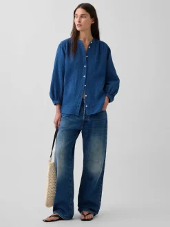 Cotton Gauze Denim Oversized Collarless Shirt