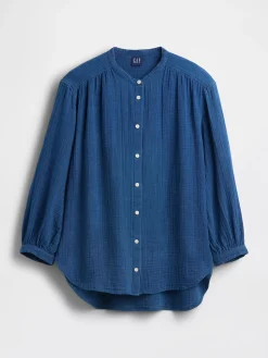 Cotton Gauze Denim Oversized Collarless Shirt