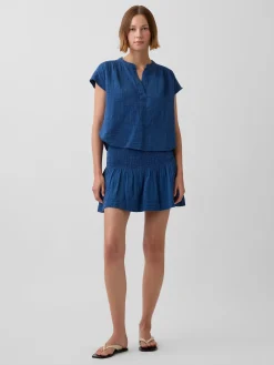 Cotton Gauze Denim Smocked Waist Mini Skort