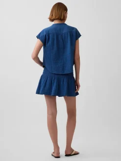 Cotton Gauze Denim Smocked Waist Mini Skort