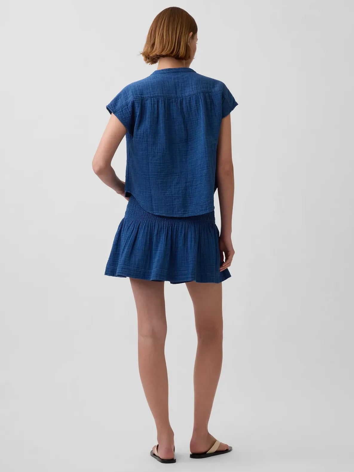 Cotton Gauze Denim Smocked Waist Mini Skort