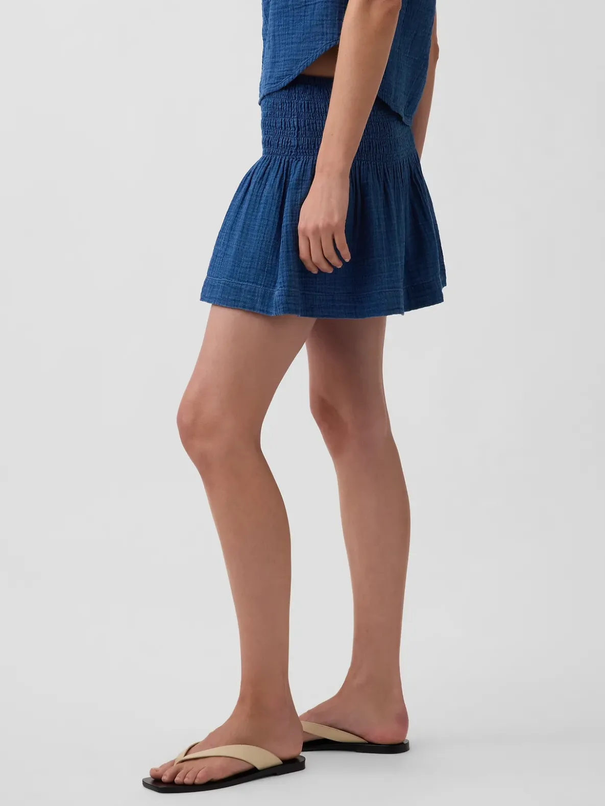 Cotton Gauze Denim Smocked Waist Mini Skort