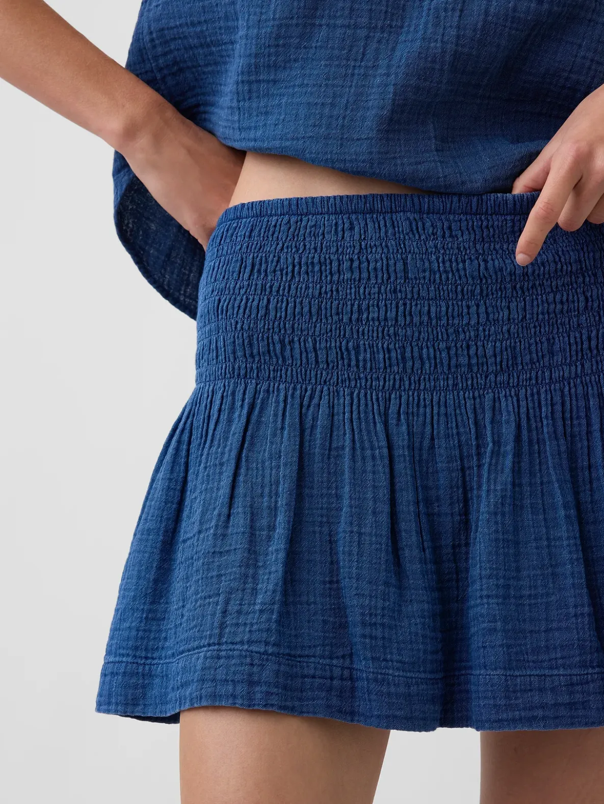 Cotton Gauze Denim Smocked Waist Mini Skort