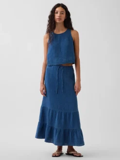 Cotton Gauze Denim Tiered Easy Maxi Skirt