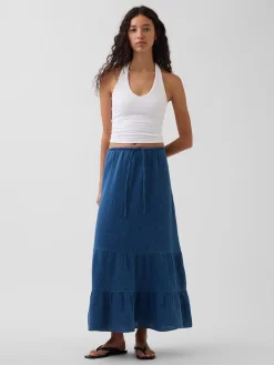 Cotton Gauze Denim Tiered Easy Maxi Skirt