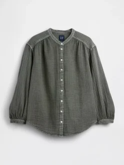 Cotton Gauze Oversized Collarless Shirt