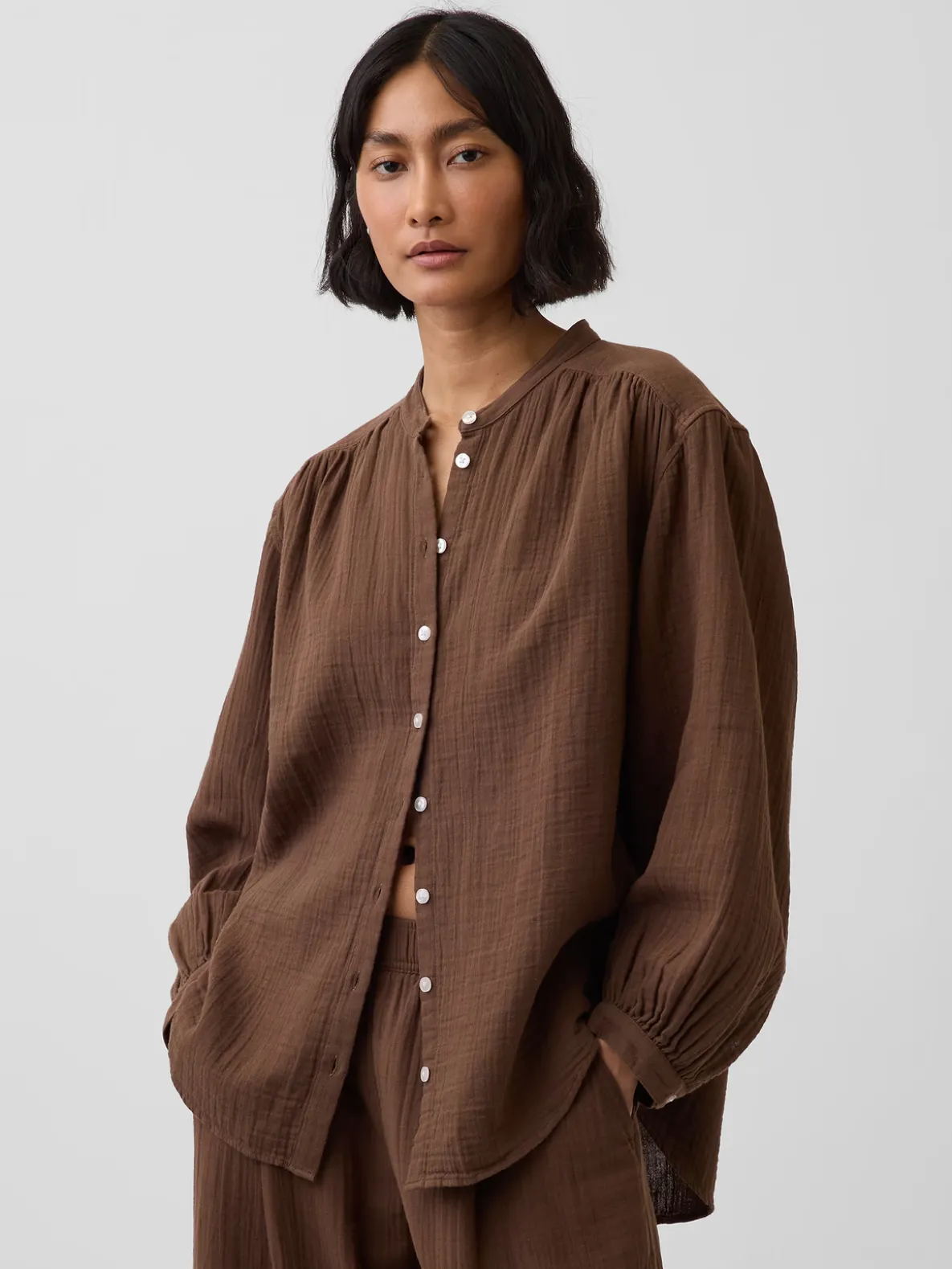 Cotton Gauze Oversized Collarless Shirt
