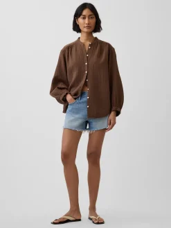 Cotton Gauze Oversized Collarless Shirt