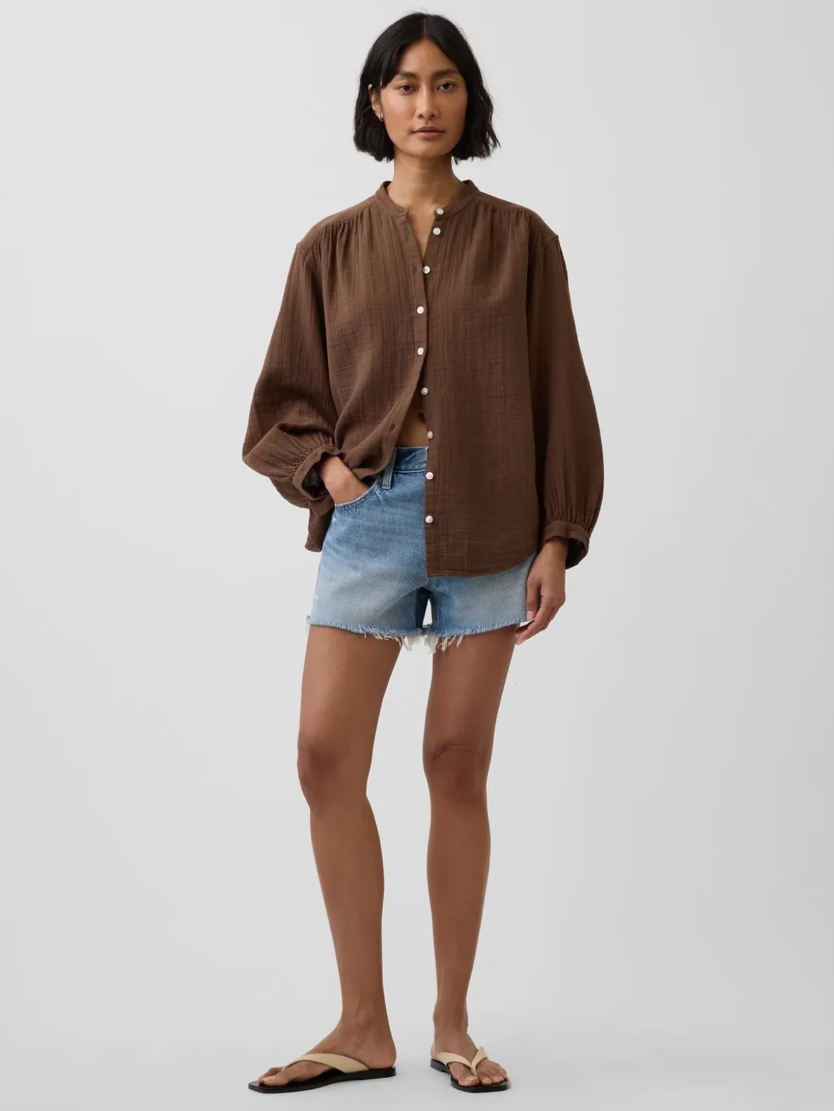 Cotton Gauze Oversized Collarless Shirt