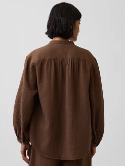 Cotton Gauze Oversized Collarless Shirt