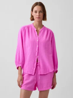Cotton Gauze Oversized Collarless Shirt