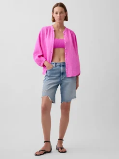 Cotton Gauze Oversized Collarless Shirt
