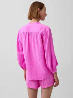 Cotton Gauze Oversized Collarless Shirt