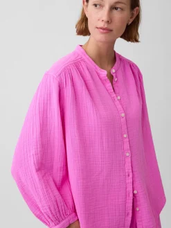 Cotton Gauze Oversized Collarless Shirt