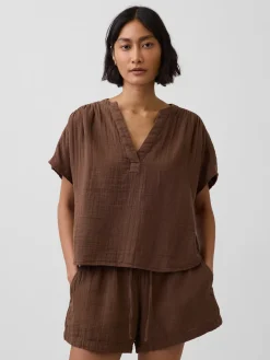 Cotton Gauze Oversized Split-Neck Top