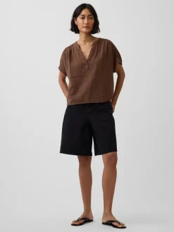 Cotton Gauze Oversized Split-Neck Top