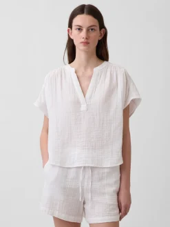 Cotton Gauze Oversized Split-Neck Top