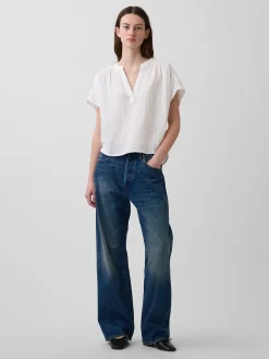 Cotton Gauze Oversized Split-Neck Top