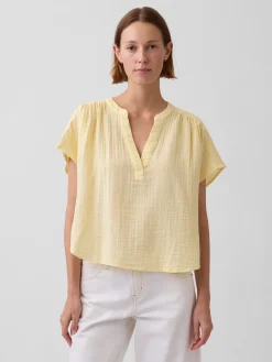 Cotton Gauze Oversized Split-Neck Top