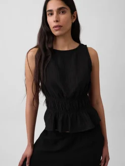 Cotton Gauze Smocked-Waist Peplum Top